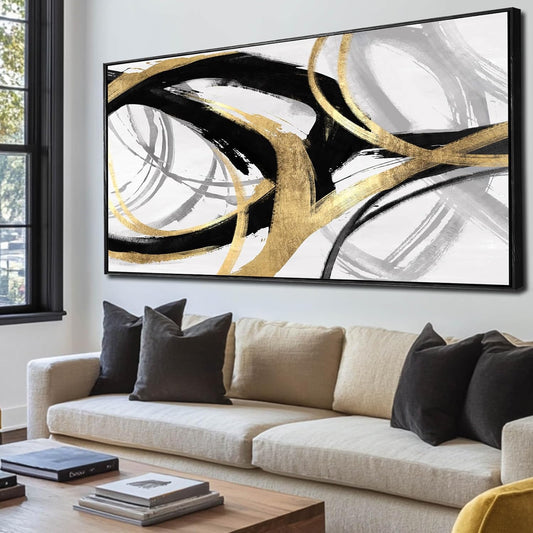 Abstract Wall Art Pictures for Living Room Gold Wall Decor Line Art for Bedroom Kitchen Home Office Decoration Framed Art 24"x48"